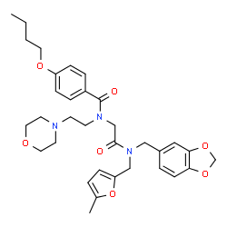 ChemSpider 2D Image | N-(2-{(1,3-Benzodioxol-5-ylmethyl)[(5-methyl-2-furyl)methyl]amino}-2-oxoethyl)-4-butoxy-N-[2-(4-morpholinyl)ethyl]benzamide | C33H41N3O7