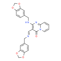 ChemSpider 2D Image | 2-[(1,3-Benzodioxol-5-ylmethyl)amino]-3-{(E)-[(1,3-benzodioxol-5-ylmethyl)imino]methyl}-4H-pyrido[1,2-a]pyrimidin-4-one | C25H20N4O5