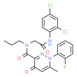 ChemSpider 2D Image | N-{2-[(2,4-Dichlorophenyl)amino]-2-oxoethyl}-1-(2-fluorophenyl)-6-methyl-4-oxo-N-propyl-1,4-dihydro-3-pyridazinecarboxamide | C23H21Cl2FN4O3