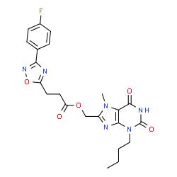 ChemSpider 2D Image | (3-Butyl-7-methyl-2,6-dioxo-2,3,6,7-tetrahydro-1H-purin-8-yl)methyl 3-[3-(4-fluorophenyl)-1,2,4-oxadiazol-5-yl]propanoate | C22H23FN6O5