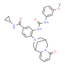 ChemSpider 2D Image | N-Cyclopropyl-3-{[(3-methoxyphenyl)carbamoyl]amino}-4-(6-oxo-7,11-diazatricyclo[7.3.1.0~2,7~]trideca-2,4-dien-11-yl)benzamide | C29H31N5O4