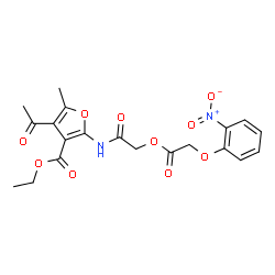ChemSpider 2D Image | Ethyl 4-acetyl-5-methyl-2-({[2-(2-nitrophenoxy)acetoxy]acetyl}amino)-3-furoate | C20H20N2O10