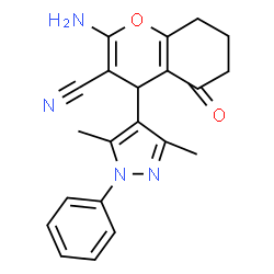 ChemSpider 2D Image | 2-Amino-4-(3,5-dimethyl-1-phenyl-1H-pyrazol-4-yl)-5-oxo-5,6,7,8-tetrahydro-4H-chromene-3-carbonitrile | C21H20N4O2