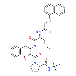 ChemSpider 2D Image | (4R)-3-[2-Hydroxy-3-({N-[(5-isoquinolinyloxy)acetyl]-S-methyl-L-cysteinyl}amino)-4-phenylbutanoyl]-N-(2-methyl-2-propanyl)-1,3-thiazolidine-4-carboxamide | C33H41N5O6S2