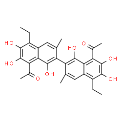 ChemSpider 2D Image | 1,1'-(5,5'-Diethyl-1,1',6,6',7,7'-hexahydroxy-3,3'-dimethyl-2,2'-binaphthalene-8,8'-diyl)diethanone | C30H30O8