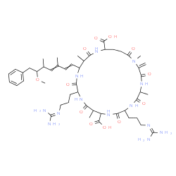 ChemSpider 2D Image | 8,15-Bis{3-[(diaminomethylene)amino]propyl}-18-(6-methoxy-3,5-dimethyl-7-phenyl-1,3-heptadien-1-yl)-1,5,12,19-tetramethyl-2-methylene-3,6,9,13,16,20,25-heptaoxo-1,4,7,10,14,17,21-heptaazacyclopentacos
ane-11,22-dicarboxylic acid | C49H75N13O12