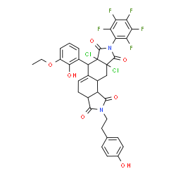 ChemSpider 2D Image | 6a,9a-Dichloro-6-(3-ethoxy-2-hydroxyphenyl)-2-[2-(4-hydroxyphenyl)ethyl]-8-(pentafluorophenyl)-3a,4,6,6a,9a,10,10a,10b-octahydroisoindolo[5,6-e]isoindole-1,3,7,9(2H,8H)-tetrone | C36H27Cl2F5N2O7