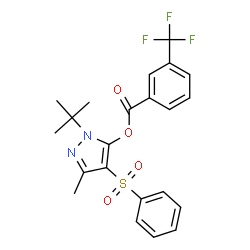 ChemSpider 2D Image | 3-Methyl-1-(2-methyl-2-propanyl)-4-(phenylsulfonyl)-1H-pyrazol-5-yl 3-(trifluoromethyl)benzoate | C22H21F3N2O4S