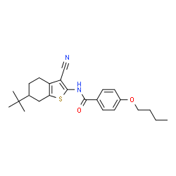 ChemSpider 2D Image | 4-Butoxy-N-[3-cyano-6-(2-methyl-2-propanyl)-4,5,6,7-tetrahydro-1-benzothiophen-2-yl]benzamide | C24H30N2O2S