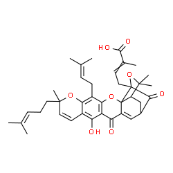 ChemSpider 2D Image | 4-[12-Hydroxy-8,21,21-trimethyl-5-(3-methyl-2-buten-1-yl)-8-(4-methyl-3-penten-1-yl)-14,18-dioxo-3,7,20-trioxahexacyclo[15.4.1.0~2,15~.0~2,19~.0~4,13~.0~6,11~]docosa-4(13),5,9,11,15-pentaen-19-yl]-2-m
ethyl-2-butenoic acid | C38H44O8