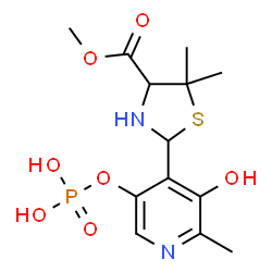 ChemSpider 2D Image | Methyl 2-[3-hydroxy-2-methyl-5-(phosphonooxy)-4-pyridinyl]-5,5-dimethyl-1,3-thiazolidine-4-carboxylate | C13H19N2O7PS