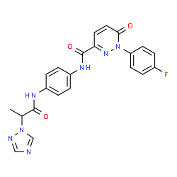 ChemSpider 2D Image | 1-(4-Fluorophenyl)-6-oxo-N-(4-{[2-(1H-1,2,4-triazol-1-yl)propanoyl]amino}phenyl)-1,6-dihydro-3-pyridazinecarboxamide | C22H18FN7O3