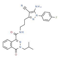 ChemSpider 2D Image | N-{3-[5-Amino-4-cyano-1-(4-fluorophenyl)-1H-pyrazol-3-yl]propyl}-3-isobutyl-4-oxo-3,4-dihydro-1-phthalazinecarboxamide | C26H26FN7O2