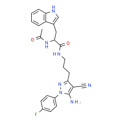 ChemSpider 2D Image | Nalpha-Acetyl-N-{3-[5-amino-4-cyano-1-(4-fluorophenyl)-1H-pyrazol-3-yl]propyl}tryptophanamide | C26H26FN7O2