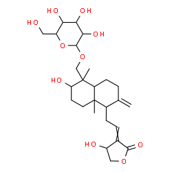 ChemSpider 2D Image | {2-Hydroxy-5-[2-(4-hydroxy-2-oxodihydro-3(2H)-furanylidene)ethyl]-1,4a-dimethyl-6-methylenedecahydro-1-naphthalenyl}methyl hexopyranoside | C26H40O10