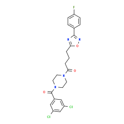 ChemSpider 2D Image | 1-[4-(3,5-Dichlorobenzoyl)-1-piperazinyl]-4-[3-(4-fluorophenyl)-1,2,4-oxadiazol-5-yl]-1-butanone | C23H21Cl2FN4O3