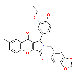 ChemSpider 2D Image | 2-(1,3-Benzodioxol-5-ylmethyl)-1-(3-ethoxy-4-hydroxyphenyl)-7-methyl-1,2-dihydrochromeno[2,3-c]pyrrole-3,9-dione | C28H23NO7