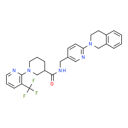 ChemSpider 2D Image | N-{[6-(3,4-Dihydro-2(1H)-isoquinolinyl)-3-pyridinyl]methyl}-1-[3-(trifluoromethyl)-2-pyridinyl]-3-piperidinecarboxamide | C27H28F3N5O
