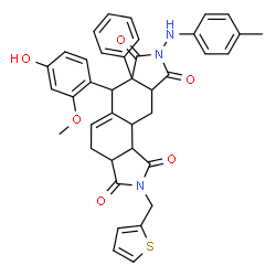 ChemSpider 2D Image | 6-(4-Hydroxy-2-methoxyphenyl)-8-[(4-methylphenyl)amino]-6a-phenyl-2-(2-thienylmethyl)-3a,4,6,6a,9a,10,10a,10b-octahydroisoindolo[5,6-e]isoindole-1,3,7,9(2H,8H)-tetrone | C39H35N3O6S