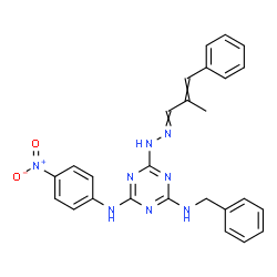 ChemSpider 2D Image | N-Benzyl-6-[2-(2-methyl-3-phenyl-2-propen-1-ylidene)hydrazino]-N'-(4-nitrophenyl)-1,3,5-triazine-2,4-diamine | C26H24N8O2