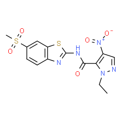 ChemSpider 2D Image | 1-Ethyl-N-[6-(methylsulfonyl)-1,3-benzothiazol-2-yl]-4-nitro-1H-pyrazole-5-carboxamide | C14H13N5O5S2