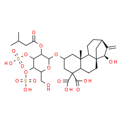 ChemSpider 2D Image | (5xi,9xi,13alpha,15beta)-15-Hydroxy-2-{[2-O-(3-methylbutanoyl)-3,4-di-O-sulfohexopyranosyl]oxy}kaur-16-ene-18,19-dioic acid | C31H46O18S2