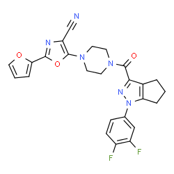 ChemSpider 2D Image | 5-(4-{[1-(3,4-Difluorophenyl)-1,4,5,6-tetrahydrocyclopenta[c]pyrazol-3-yl]carbonyl}-1-piperazinyl)-2-(2-furyl)-1,3-oxazole-4-carbonitrile | C25H20F2N6O3