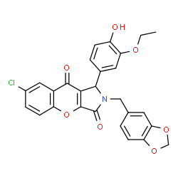 ChemSpider 2D Image | 2-(1,3-Benzodioxol-5-ylmethyl)-7-chloro-1-(3-ethoxy-4-hydroxyphenyl)-1,2-dihydrochromeno[2,3-c]pyrrole-3,9-dione | C27H20ClNO7