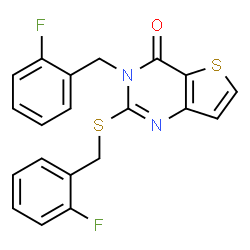 ChemSpider 2D Image | 3-(2-Fluorobenzyl)-2-[(2-fluorobenzyl)sulfanyl]thieno[3,2-d]pyrimidin-4(3H)-one | C20H14F2N2OS2