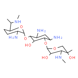 ChemSpider 2D Image | 4,6-Diamino-3-({3-amino-6-[1-(methylamino)ethyl]tetrahydro-2H-pyran-2-yl}oxy)-2-hydroxycyclohexyl 3-deoxy-4-C-methyl-3-(methylamino)pentopyranoside | C21H43N5O7