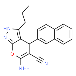 ChemSpider 2D Image | 6-Amino-4-(2-naphthyl)-3-propyl-2,4-dihydropyrano[2,3-c]pyrazole-5-carbonitrile | C20H18N4O