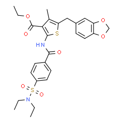 ChemSpider 2D Image | Ethyl 5-(1,3-benzodioxol-5-ylmethyl)-2-{[4-(diethylsulfamoyl)benzoyl]amino}-4-methyl-3-thiophenecarboxylate | C27H30N2O7S2