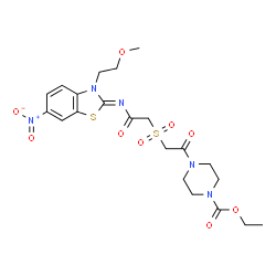 ChemSpider 2D Image | Ethyl 4-{[(2-{(Z)-[3-(2-methoxyethyl)-6-nitro-1,3-benzothiazol-2(3H)-ylidene]amino}-2-oxoethyl)sulfonyl]acetyl}-1-piperazinecarboxylate | C21H27N5O9S2