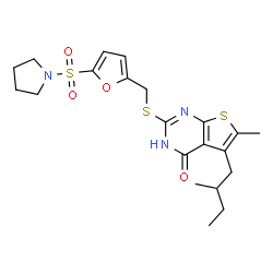 ChemSpider 2D Image | 6-Methyl-5-(2-methylbutyl)-2-({[5-(1-pyrrolidinylsulfonyl)-2-furyl]methyl}sulfanyl)thieno[2,3-d]pyrimidin-4(3H)-one | C21H27N3O4S3
