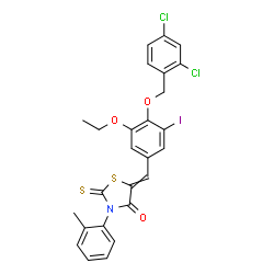 ChemSpider 2D Image | 5-{4-[(2,4-Dichlorobenzyl)oxy]-3-ethoxy-5-iodobenzylidene}-3-(2-methylphenyl)-2-thioxo-1,3-thiazolidin-4-one | C26H20Cl2INO3S2