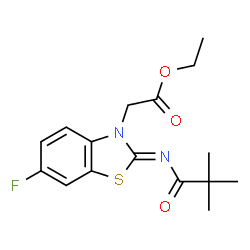 ChemSpider 2D Image | Ethyl [(2Z)-2-[(2,2-dimethylpropanoyl)imino]-6-fluoro-1,3-benzothiazol-3(2H)-yl]acetate | C16H19FN2O3S