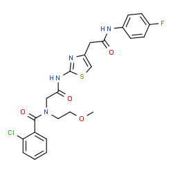 ChemSpider 2D Image | 2-Chloro-N-{2-[(4-{2-[(4-fluorophenyl)amino]-2-oxoethyl}-1,3-thiazol-2-yl)amino]-2-oxoethyl}-N-(2-methoxyethyl)benzamide | C23H22ClFN4O4S
