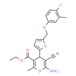 ChemSpider 2D Image | Ethyl 6-amino-4-{5-[(4-chloro-3-methylphenoxy)methyl]-2-furyl}-5-cyano-2-methyl-4H-pyran-3-carboxylate | C22H21ClN2O5