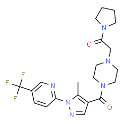 ChemSpider 2D Image | 2-[4-({5-Methyl-1-[5-(trifluoromethyl)-2-pyridinyl]-1H-pyrazol-4-yl}carbonyl)-1-piperazinyl]-1-(1-pyrrolidinyl)ethanone | C21H25F3N6O2