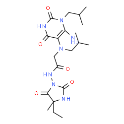ChemSpider 2D Image | N~2~-(6-Amino-1-isobutyl-2,4-dioxo-1,2,3,4-tetrahydro-5-pyrimidinyl)-N-(4-ethyl-4-methyl-2,5-dioxo-1-imidazolidinyl)-N~2~-isobutylglycinamide | C20H33N7O5