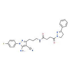 ChemSpider 2D Image | N-{3-[5-Amino-4-cyano-1-(4-fluorophenyl)-1H-pyrazol-3-yl]propyl}-4-oxo-4-(3-phenyl-4,5-dihydro-1H-pyrazol-1-yl)butanamide | C26H26FN7O2