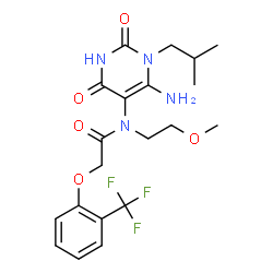 ChemSpider 2D Image | N-(6-Amino-1-isobutyl-2,4-dioxo-1,2,3,4-tetrahydro-5-pyrimidinyl)-N-(2-methoxyethyl)-2-[2-(trifluoromethyl)phenoxy]acetamide | C20H25F3N4O5
