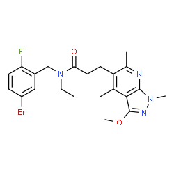 ChemSpider 2D Image | N-(5-Bromo-2-fluorobenzyl)-N-ethyl-3-(3-methoxy-1,4,6-trimethyl-1H-pyrazolo[3,4-b]pyridin-5-yl)propanamide | C22H26BrFN4O2