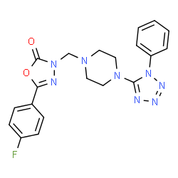 ChemSpider 2D Image | 5-(4-Fluorophenyl)-3-{[4-(1-phenyl-1H-tetrazol-5-yl)-1-piperazinyl]methyl}-1,3,4-oxadiazol-2(3H)-one | C20H19FN8O2