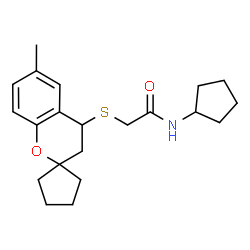 ChemSpider 2D Image | N-Cyclopentyl-2-[(6-methyl-3,4-dihydrospiro[chromene-2,1'-cyclopentan]-4-yl)sulfanyl]acetamide | C21H29NO2S