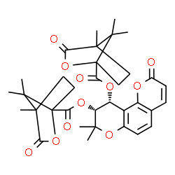 ChemSpider 2D Image | (9R,10R)-8,8-Dimethyl-2-oxo-9,10-dihydro-2H,8H-pyrano[2,3-f]chromene-9,10-diyl bis(4,7,7-trimethyl-3-oxo-2-oxabicyclo[2.2.1]heptane-1-carboxylate) | C34H38O11