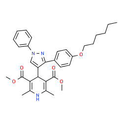 ChemSpider 2D Image | Dimethyl 4-{3-[4-(hexyloxy)phenyl]-1-phenyl-1H-pyrazol-4-yl}-2,6-dimethyl-1,4-dihydro-3,5-pyridinedicarboxylate | C32H37N3O5