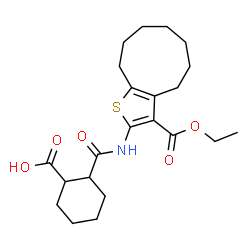 ChemSpider 2D Image | 2-{[3-(Ethoxycarbonyl)-5,6,7,8,9,10-hexahydro-4H-cyclonona[b]thiophen-2-yl]carbamoyl}cyclohexanecarboxylic acid | C22H31NO5S