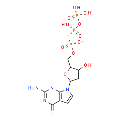 ChemSpider 2D Image | 2-Amino-7-[2-deoxy-5-O-(hydroxy{[hydroxy(phosphonooxy)phosphoryl]oxy}phosphoryl)pentofuranosyl]-1,7-dihydro-4H-pyrrolo[2,3-d]pyrimidin-4-one | C11H17N4O13P3