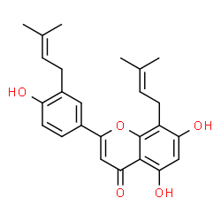 ChemSpider 2D Image | 5,7-Dihydroxy-2-[4-hydroxy-3-(3-methyl-2-buten-1-yl)phenyl]-8-(3-methyl-2-buten-1-yl)-4H-chromen-4-one | C25H26O5